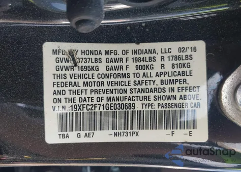 2016 Honda Civic Ex из США, поврежденный, VIN 19XFC2F71GE030689